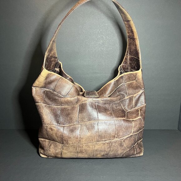 Dooney & Bourke Brown Hobo Chic Croc Embossed Leather Shoulder Bag Handbag Purse - Picture 6 of 15